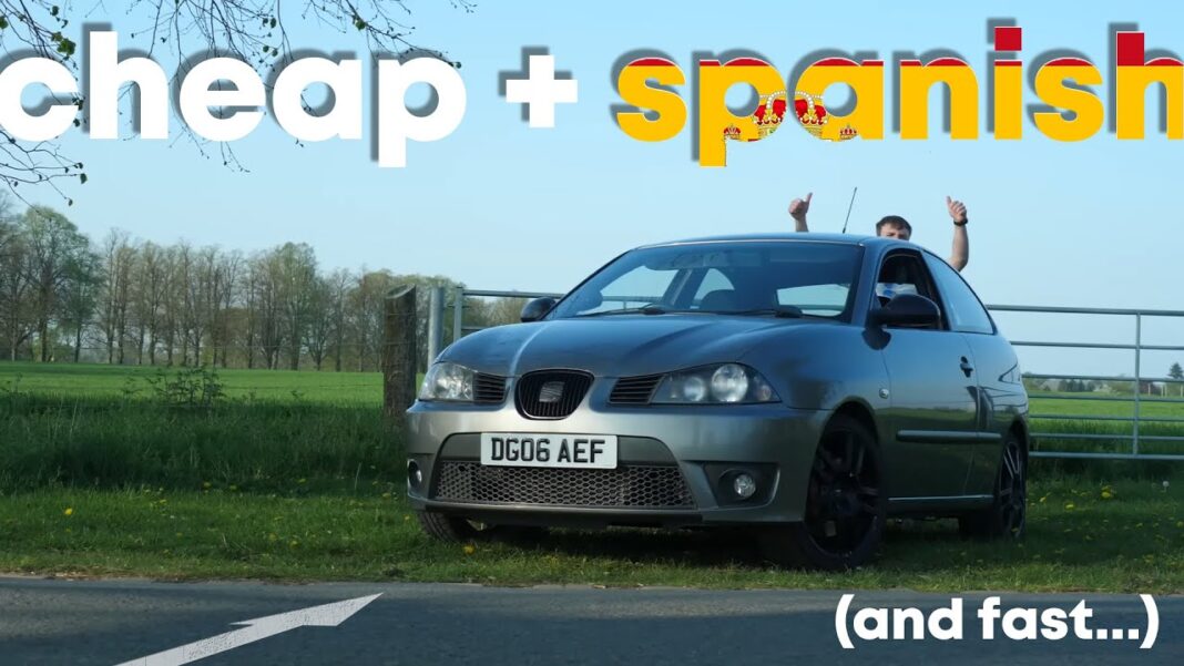 A Seat Ibiza Cupra in a field, with Paynos standing behind it, and the text 
